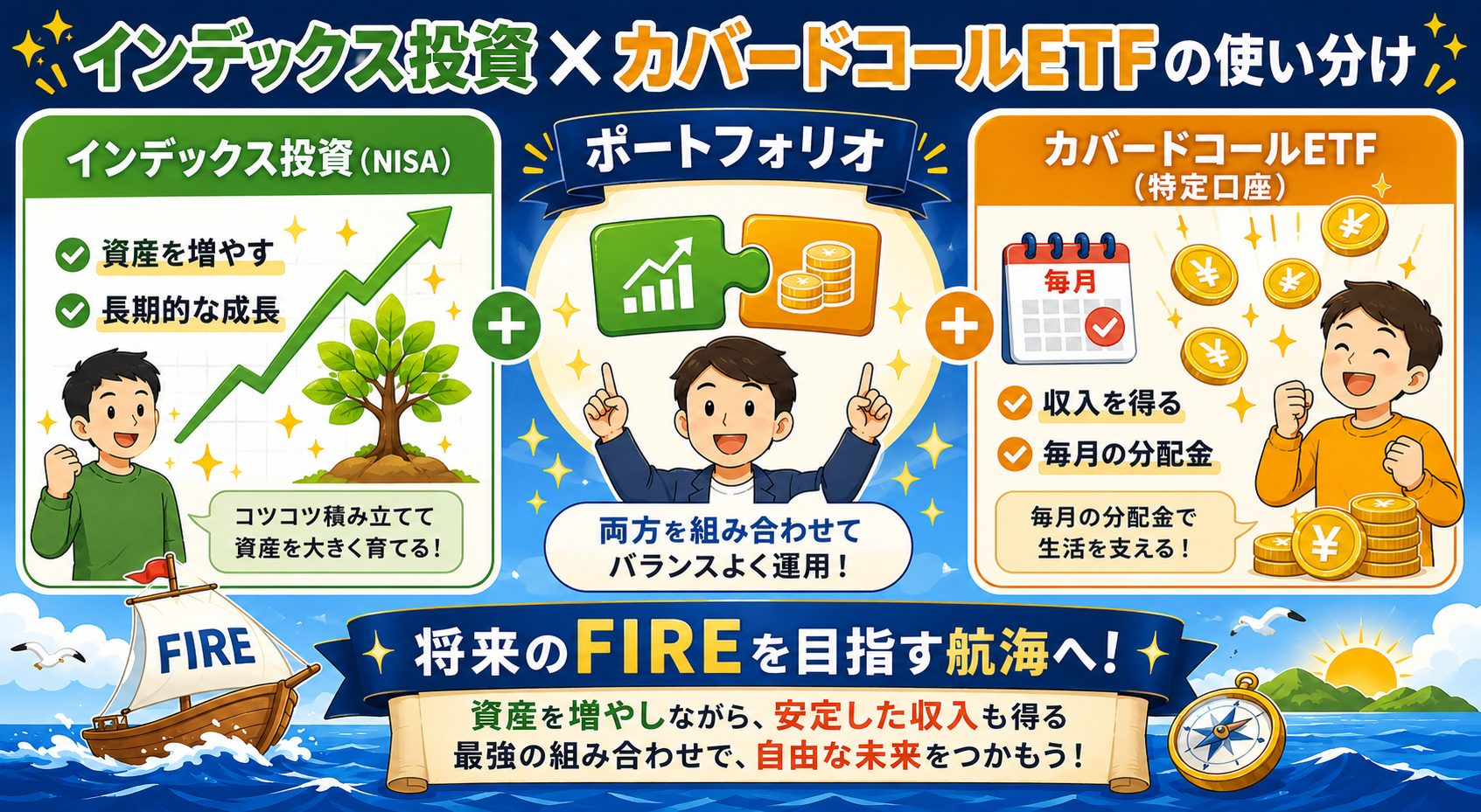 インデックス投資とカバードコールETFの使い分け図