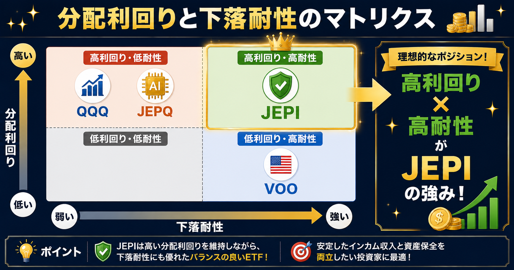 分配利回りと下落耐性のマトリクス図
