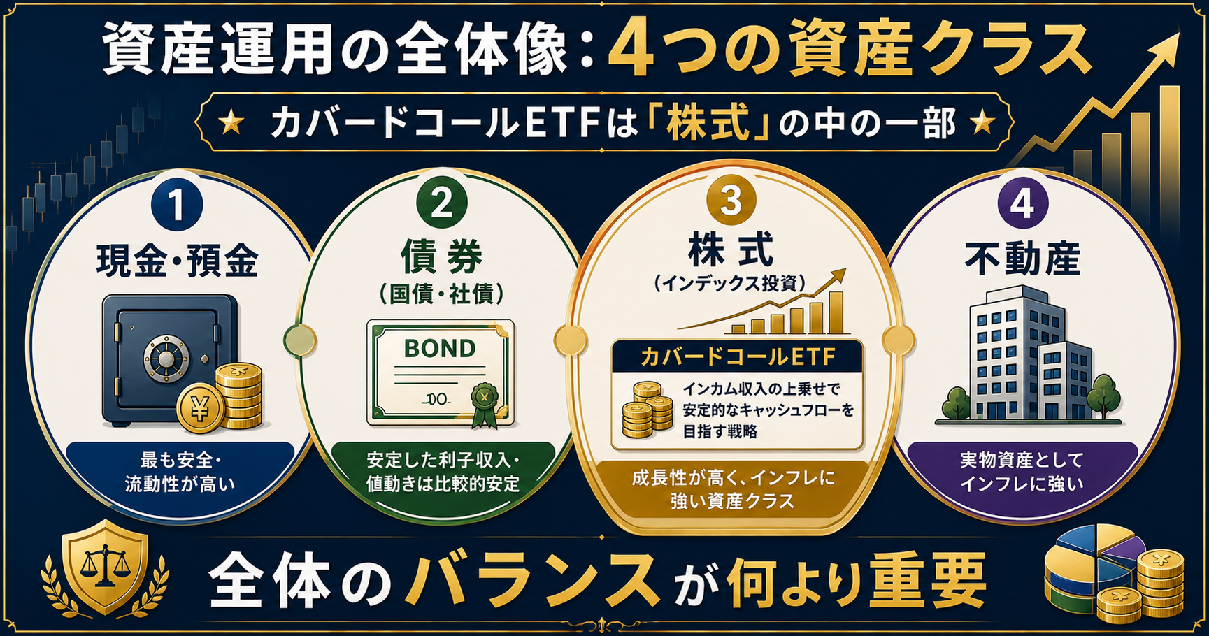 資産運用の全体像:4つの資産クラスとカバードコールETFの位置づけ