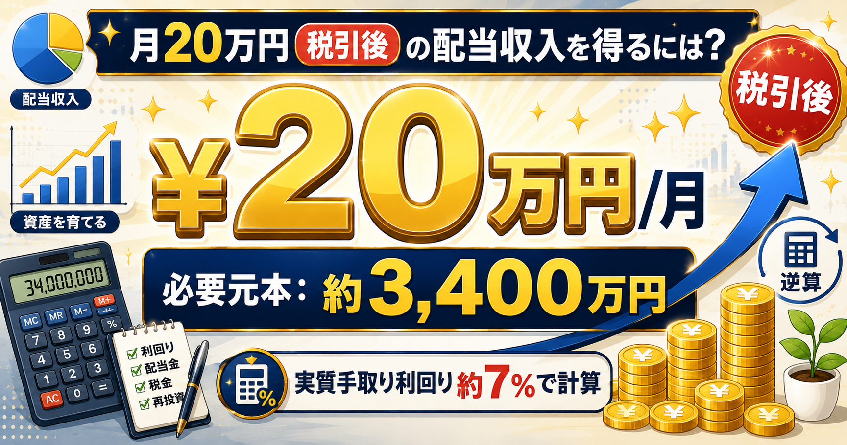 月20万円の配当収入に必要な元本の逆算イメージ