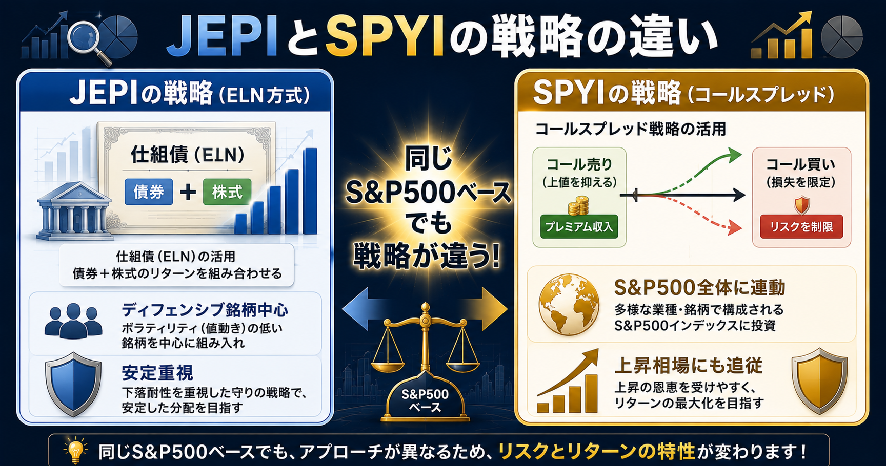 JEPIのELN方式とSPYIのコールスプレッド戦略の違い説明図