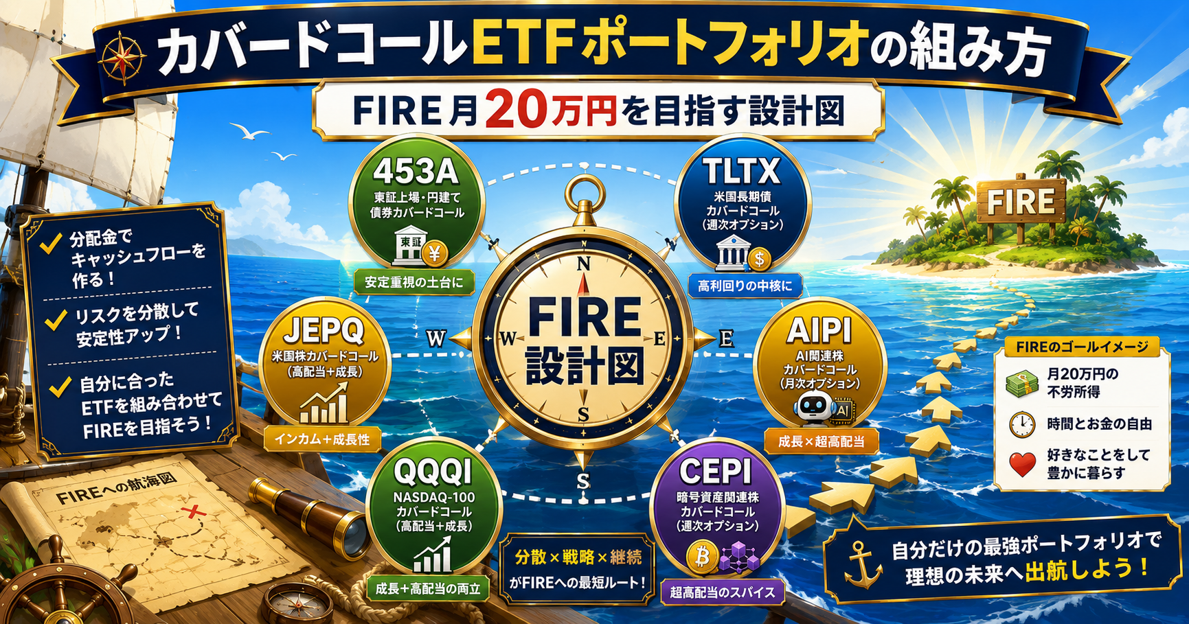 カバードコールETFポートフォリオの組み方：FIRE月20万円を目指す設計図