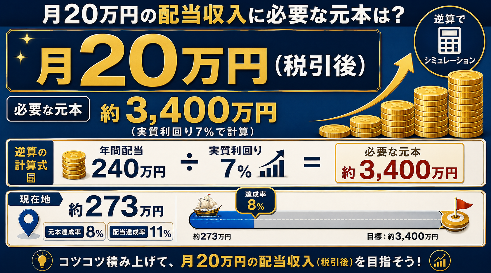 月20万円の配当収入に必要な元本3,400万円の逆算シミュレーション