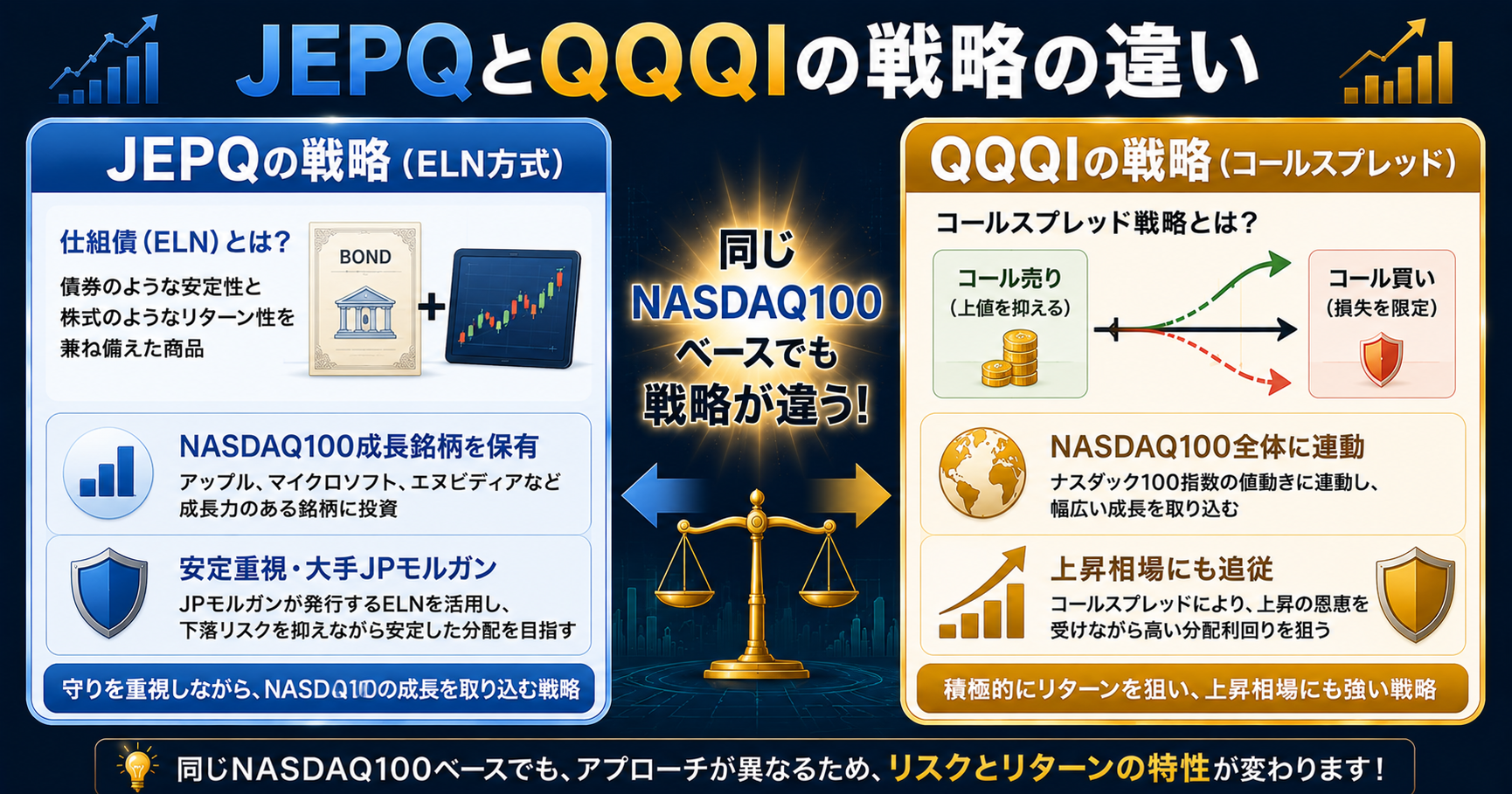 JEPQのELN方式とQQQIのコールスプレッド戦略の違い比較図