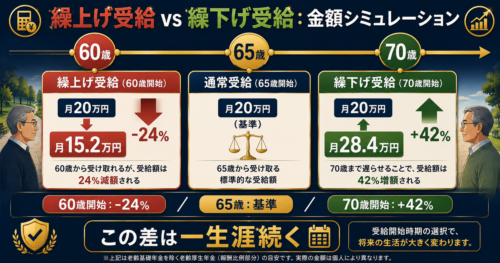 繰上げ受給vs繰下げ受給:60歳-24%・65歳基準・70歳+42%の金額シミュレーション