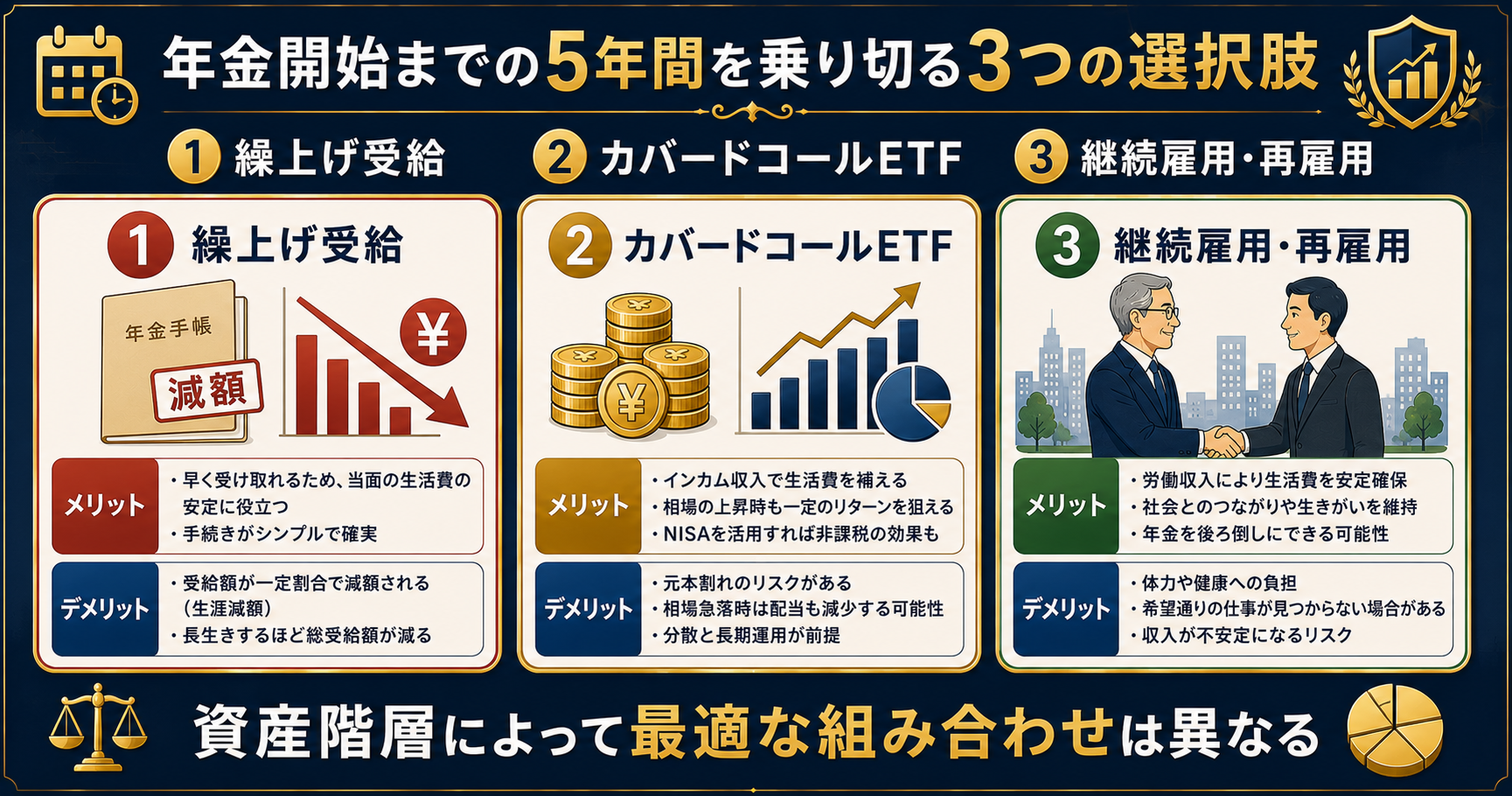 年金開始までの5年間を乗り切る3つの選択肢(繰上げ受給・カバードコールETF・継続雇用)比較
