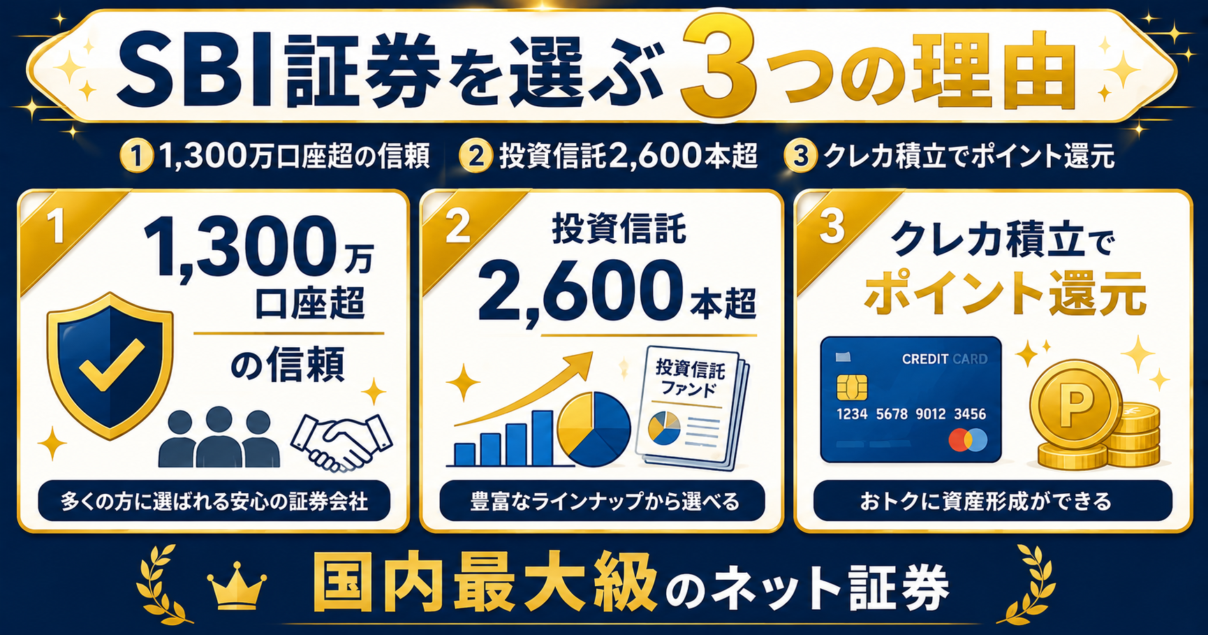 SBI証券をNISAに選ぶ3つの理由:1,300万口座の信頼・投資信託2,600本・クレカ積立