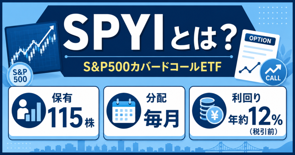 SPYIとは？S&P500カバードコールETF｜保有115株・分配毎月・利回り年約12%（税引前）を示すアイキャッチ