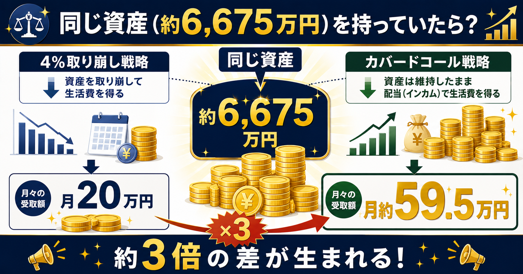 同じ約6675万円の資産で4%取り崩し月20万円vsカバードコール月約59.5万円の比較