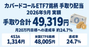 カバードコールETF7銘柄の2026年9月手取り配当合計49,319円と達成率24.7%を示すアイキャッチ画像
